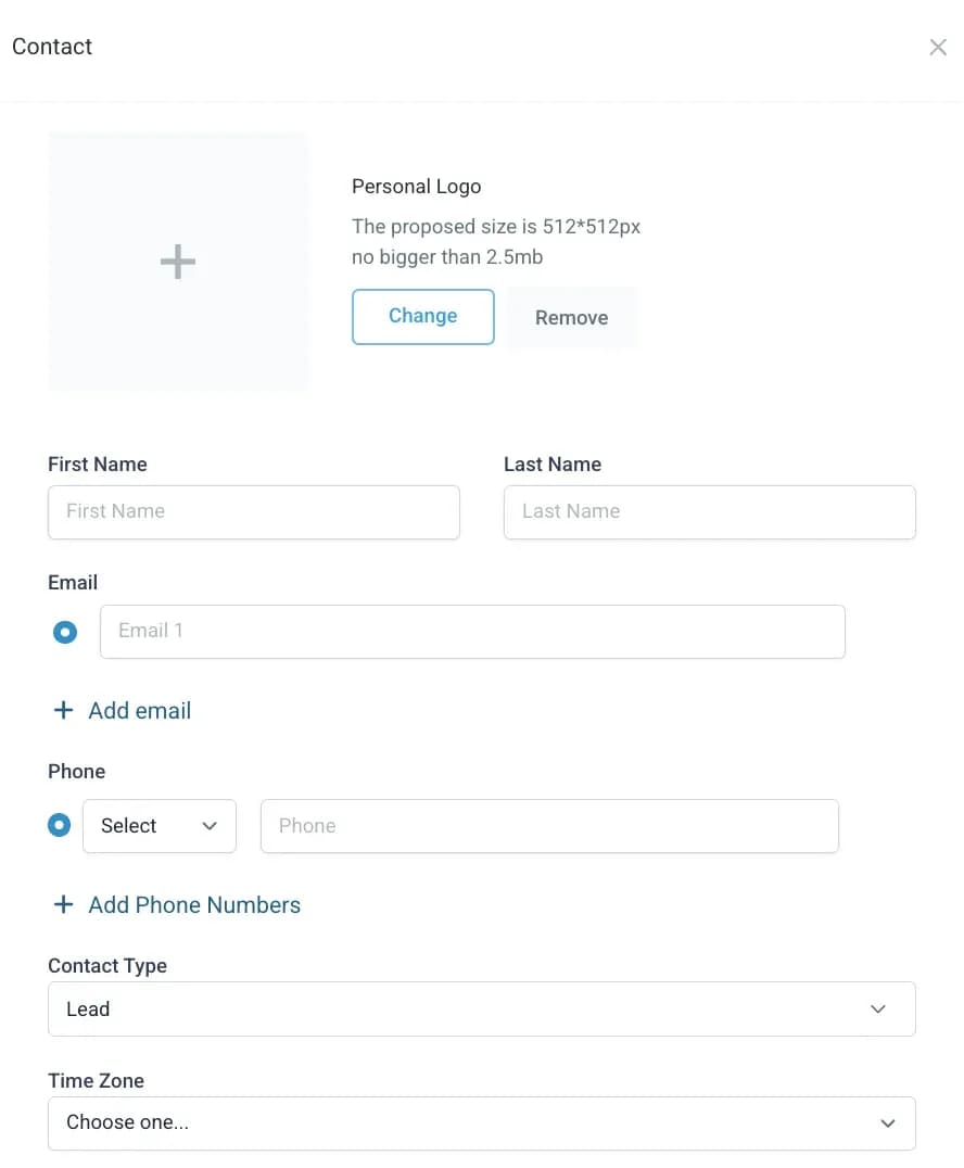 The form for a new contact